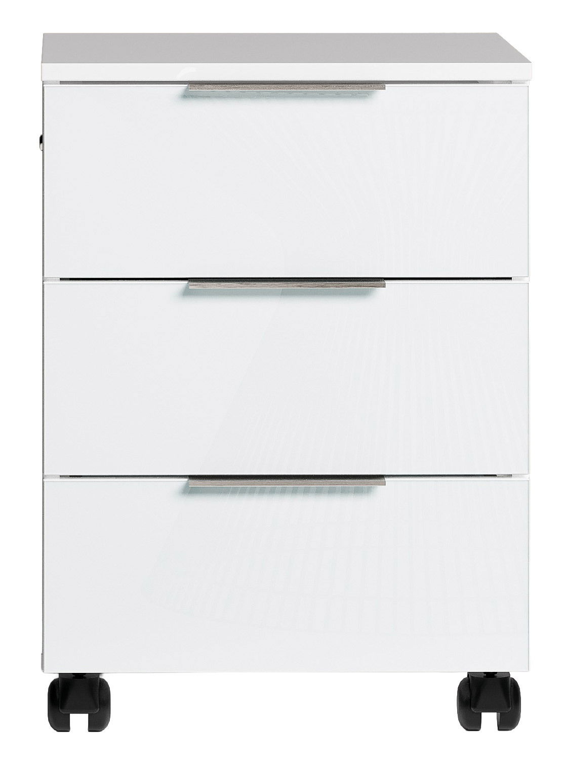 Weißer Rollcontainer mit drei Schubladen und Rollen, Frontalansicht