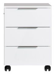 Weißer Rollcontainer mit drei Schubladen und Rollen, Frontalansicht