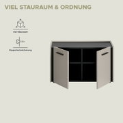 Frontansicht eines modernen, zweitürigen Schranks in Hellgrau mit geöffneten Türen, schwarzen Griffen und vier Innenfächern; Hinweisgrafik zu viel Stauraum und Kippschutzsicherung.