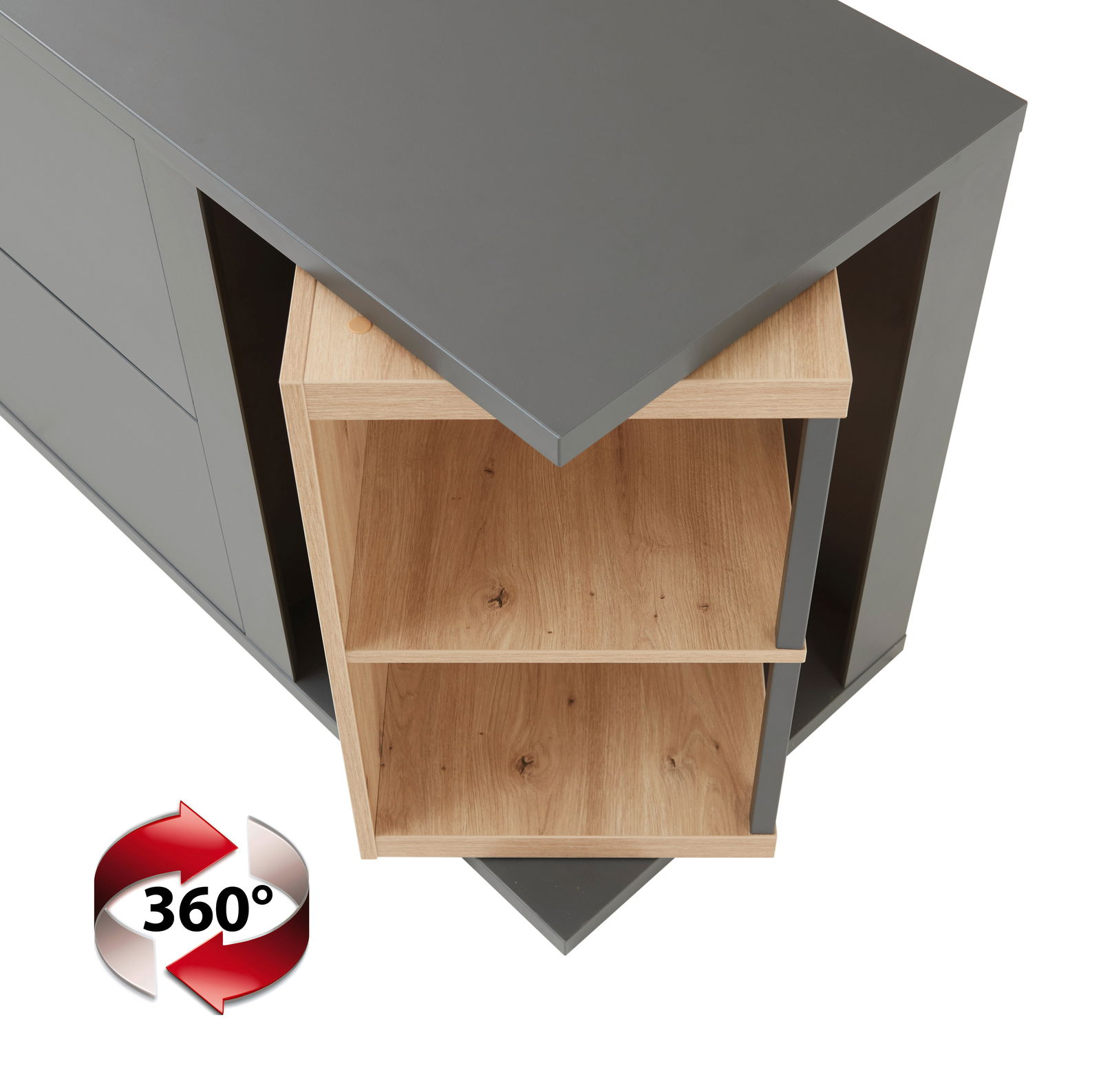 Hom´in Highboard MAGOLO Higboard in moderner Kombination aus grauem und hellem Holz, aus der Vogelperspektive betrachtet.