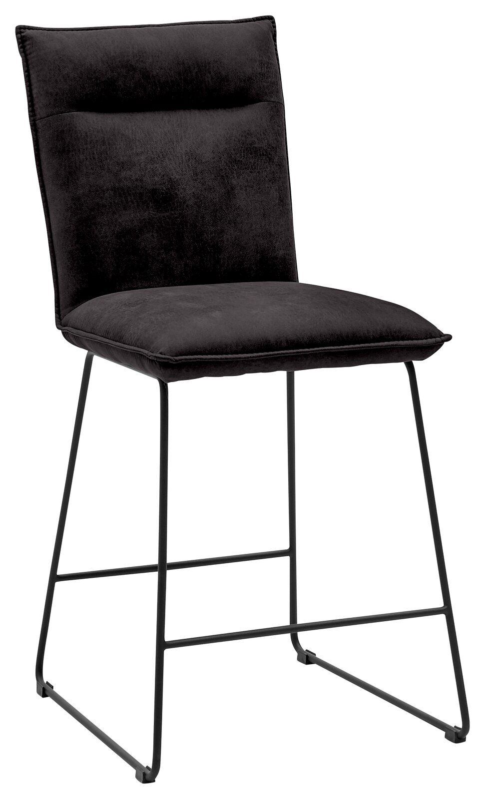 Schwarzer Barstuhl mit gepolsterter Rückenlehne und Sitzfläche, seitliche Perspektive
