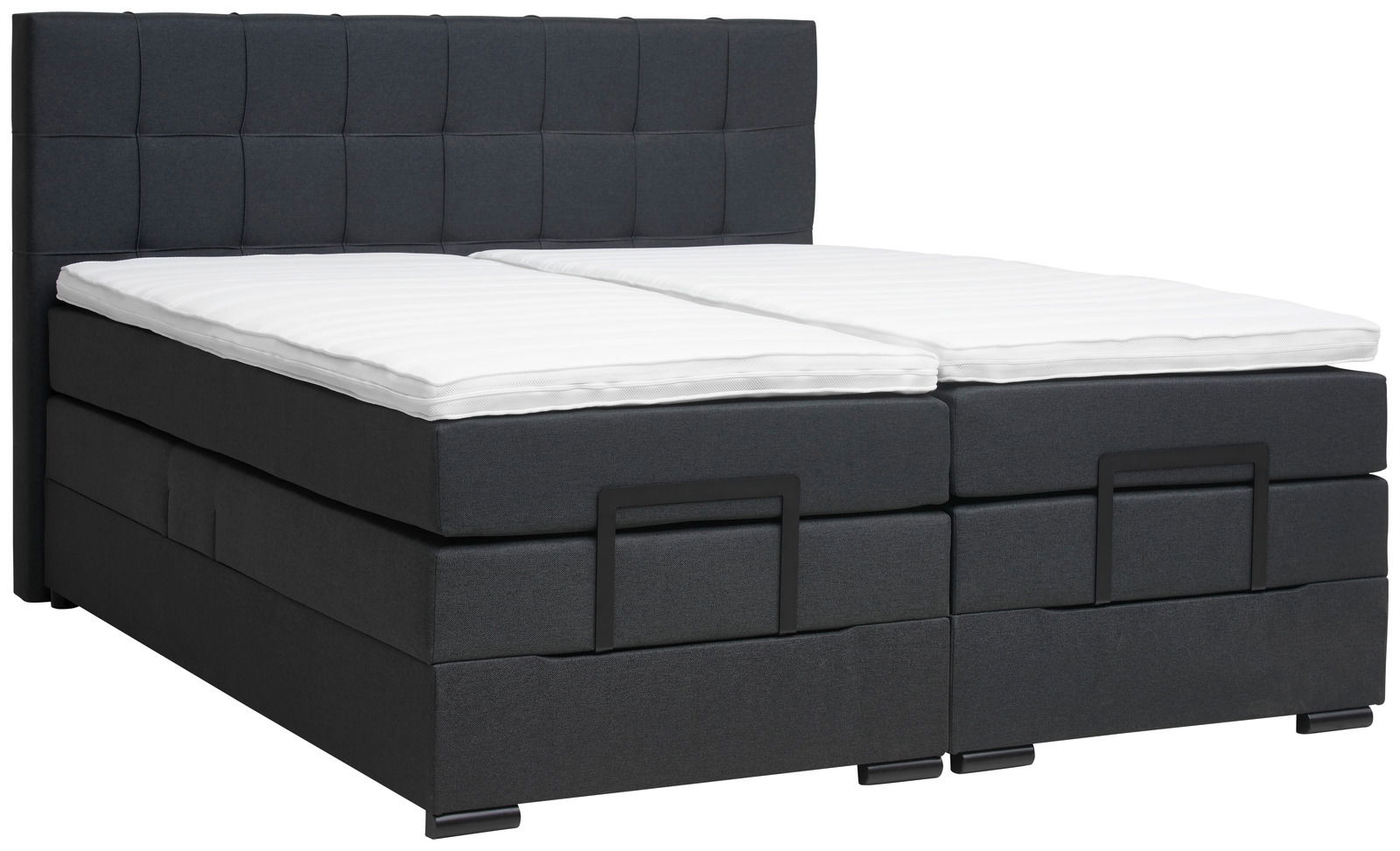 Boxspringbett in dunklem Stoffbezug mit gestepptem Kopfteil, seitliche Perspektive