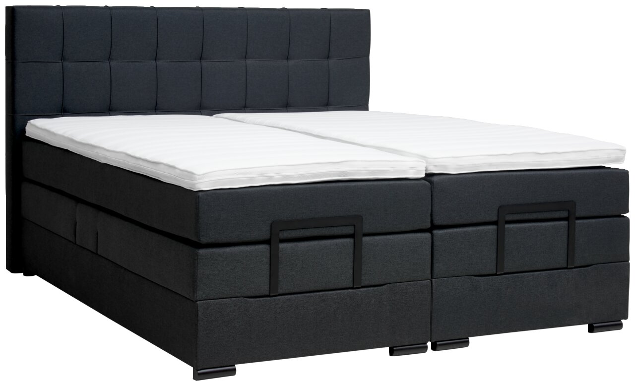Boxspringbett in dunklem Stoffbezug mit gestepptem Kopfteil, seitliche Perspektive