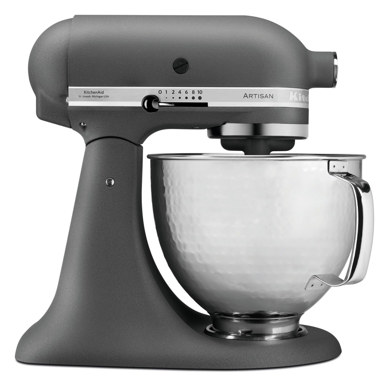Seitliche Ansicht einer grauen Küchenmaschine KitchenAid Artisan mit 4,8L Rührschüssel aus Edelstahl.