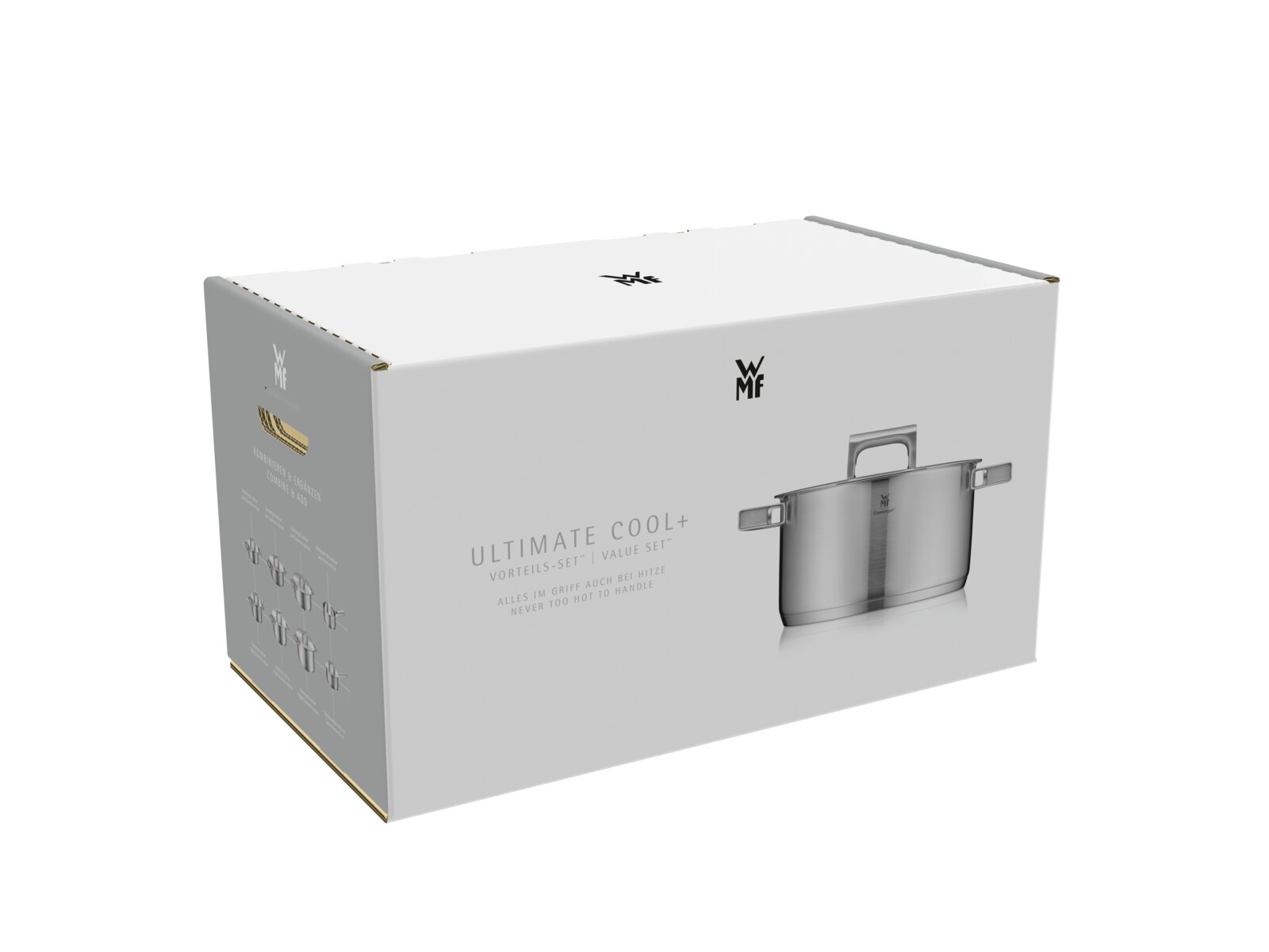 WMF Ultimate Cool+ Vorteils-Set Verpackungsbox mit Abbildung eines Edelstahl-Topfs, schräg von vorne links (3/4-Ansicht)