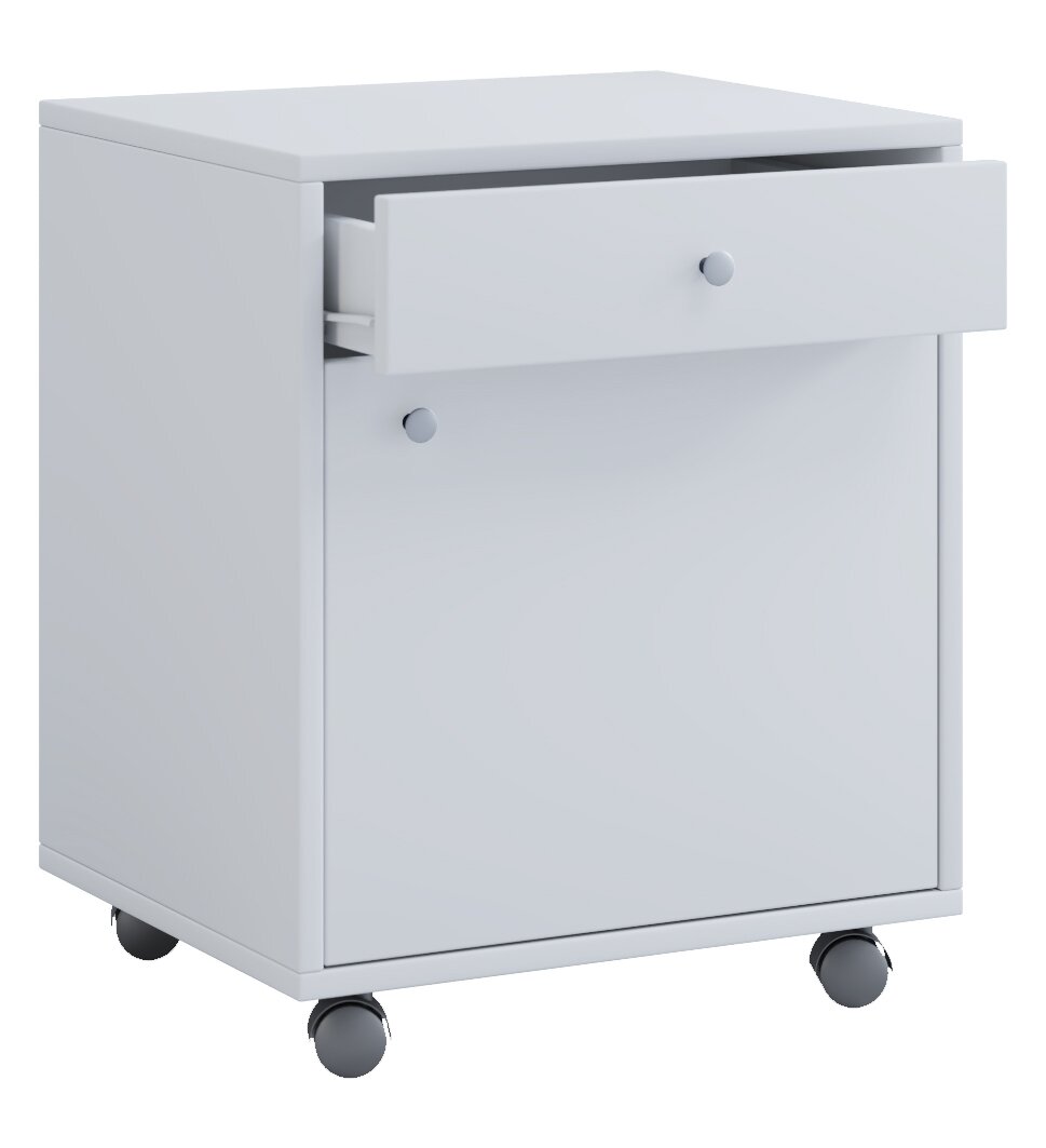 Weißer rollbarer Nachtschrank/Beistellschrank mit geöffneter Schublade und Klapptür, 3/4-Ansicht von vorne links