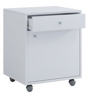 Weißer rollbarer Nachtschrank/Beistellschrank mit geöffneter Schublade und Klapptür, 3/4-Ansicht von vorne links