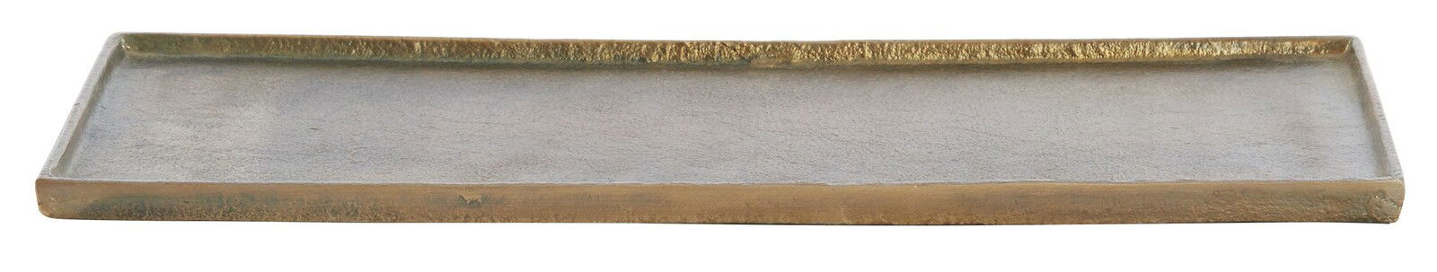Rechteckige, flache Schale aus Metall mit goldener Patina, seitliche Perspektive