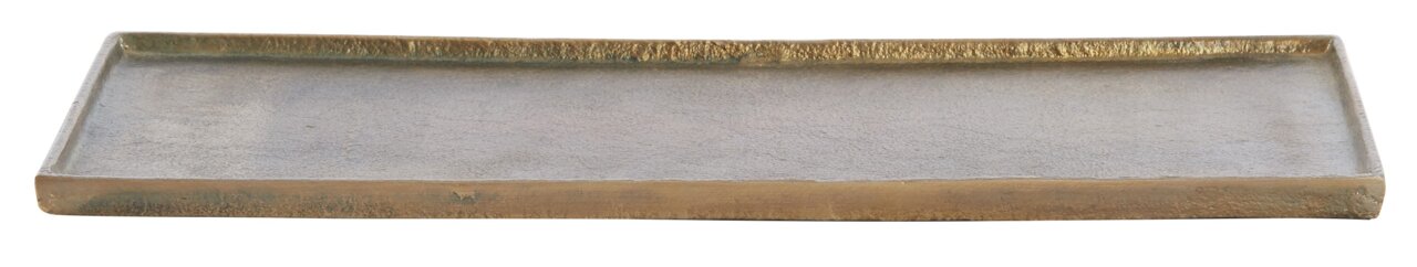 Rechteckige, flache Schale aus Metall mit goldener Patina, seitliche Perspektive