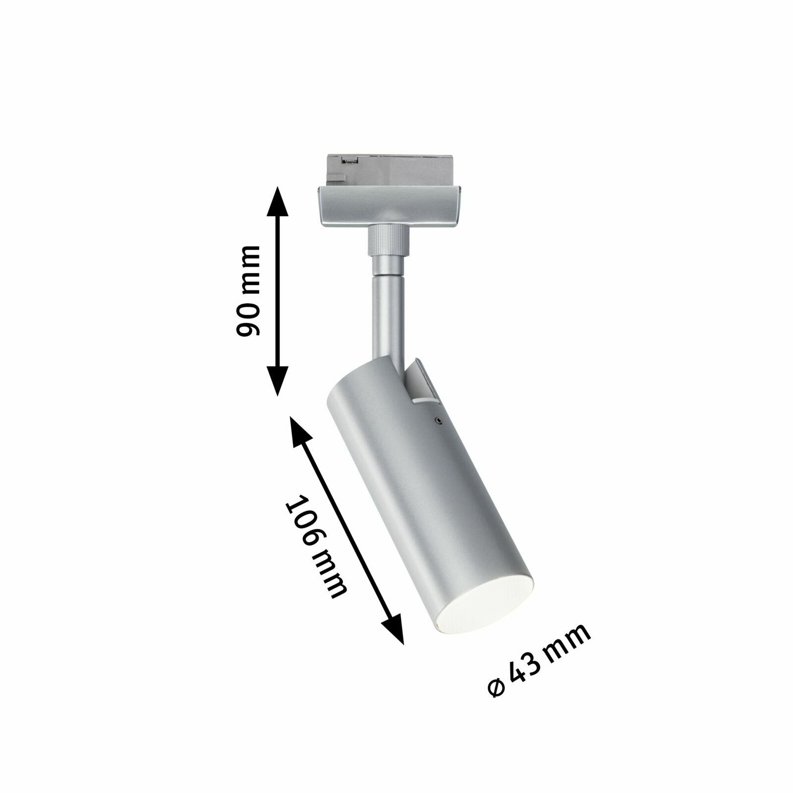 Silberner Schienenspot Tubo in seitlicher Perspektive mit den Maßen 90 mm Höhe, 106 mm Länge und 43 mm Durchmesser.
