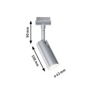 Zilveren railspot Tubo in zijaanzicht, met afmetingen van 90 mm hoogte, 106 mm lengte en 43 mm diameter.