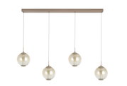 Vooraanzicht van een moderne lineaire hanglamp met vier bolvormige glazen kappen in champagnekleur, speels op twee hoogtes geplaatst