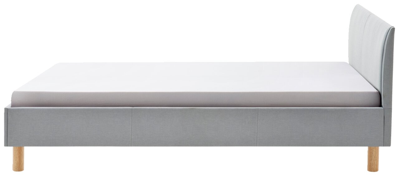 Seitliche Ansicht eines grauen Polsterbetts mit Holzfüßen und hohem Kopfteil.