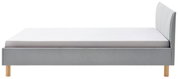 Zijaanzicht van een grijs gestoffeerd bed met houten poten en een hoog hoofdeinde.