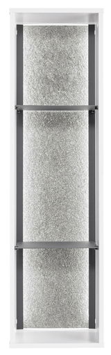 Vorderansicht eines Hängeragals mit silberner Rückwand und zwei Regalböden.