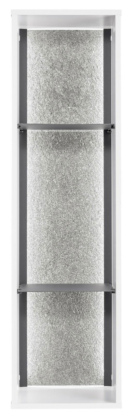 Vorderansicht eines Hängeragals mit silberner Rückwand und zwei Regalböden.