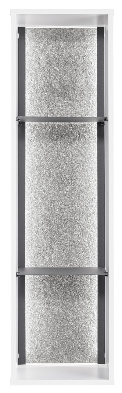 Vorderansicht eines Hängeragals mit silberner Rückwand und zwei Regalböden.