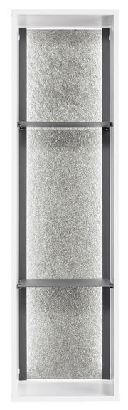 Vorderansicht eines Hängeragals mit silberner Rückwand und zwei Regalböden.