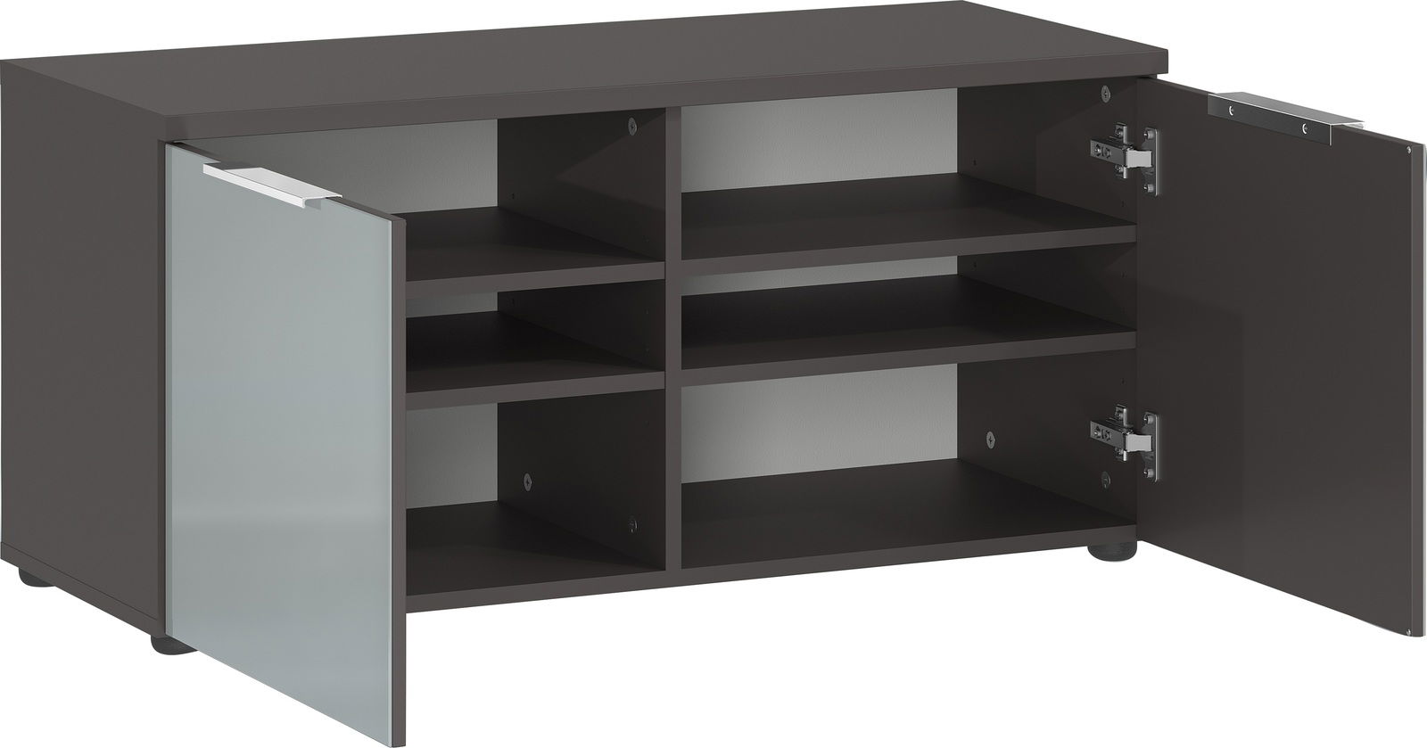 Schuhbank in dunklem Holz mit offenen Türen, seitliche Perspektive