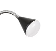 Nahaufnahme einer LED-Klemmleuchte mit flexiblem Hals und schwarzem Lampenschirm.