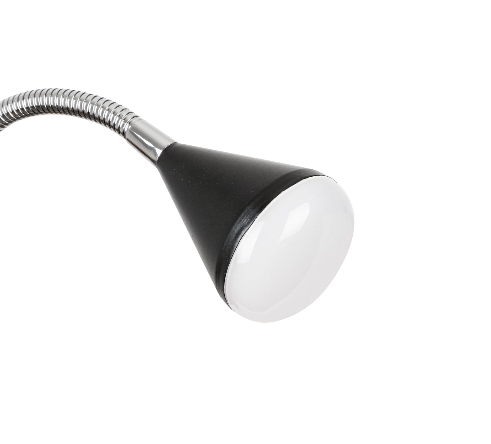 Nahaufnahme einer LED-Klemmleuchte mit flexiblem Hals und schwarzem Lampenschirm.