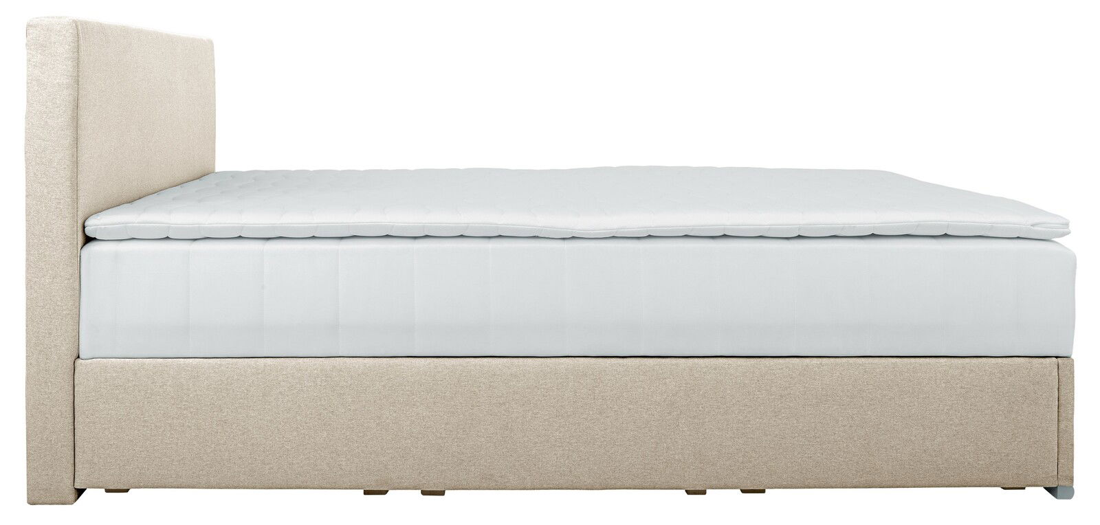 Seitenansicht eines Boxbetts 140 mit beigem Stoffbezug und weißer Matratze.