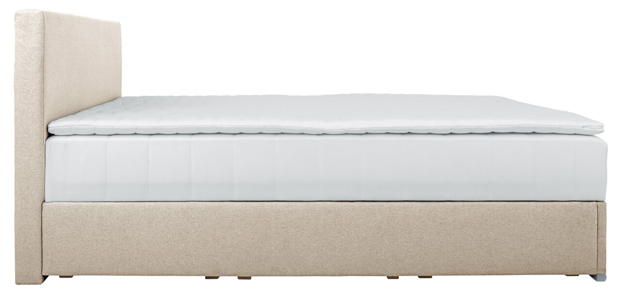 Zijaanzicht van een boxspring van 140 cm met een beige stoffen bekleding en een wit matras.