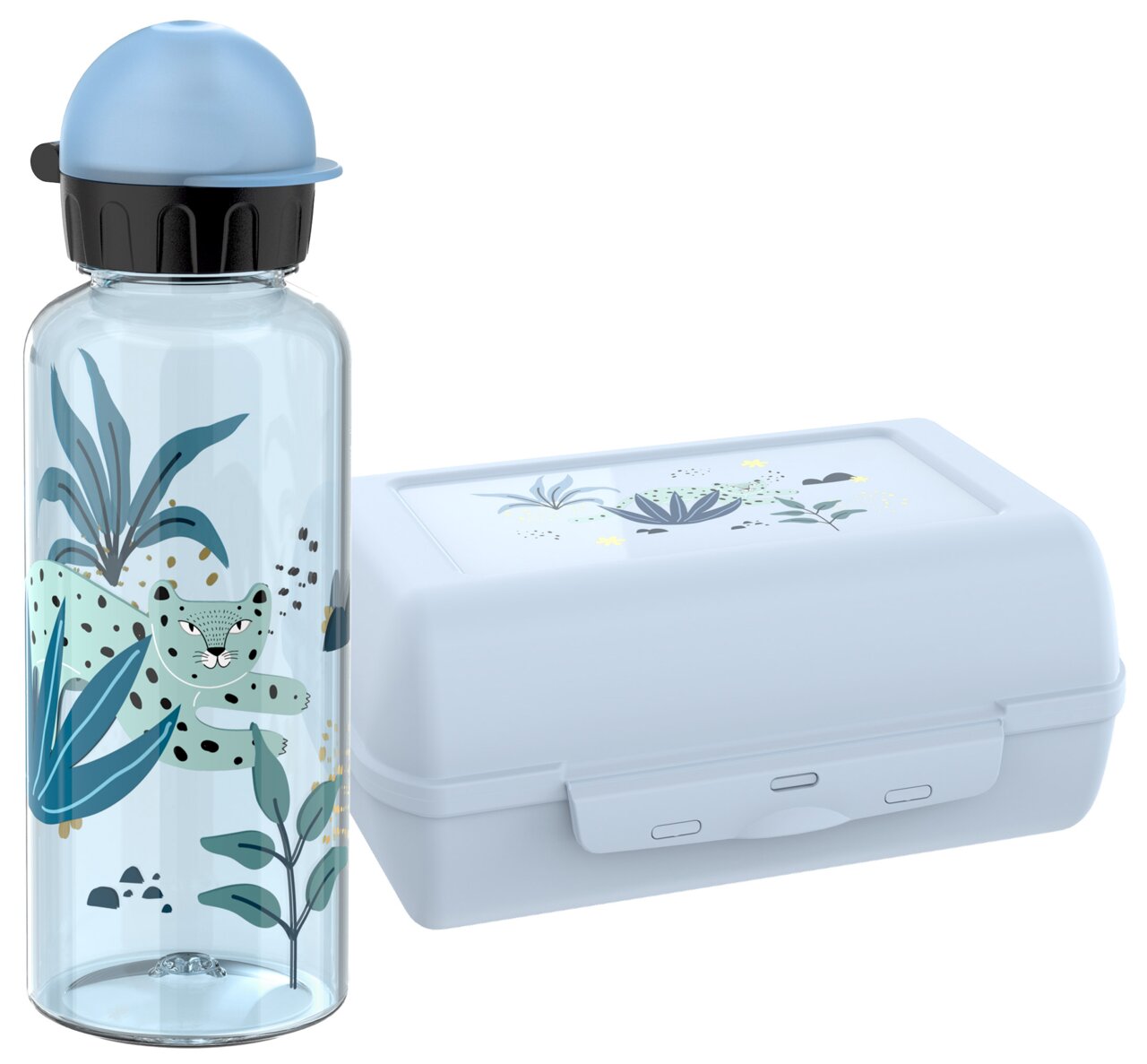Emsa Kids-Set Leoapard 2-tlg. TRITAN Kinder-Set mit Trinkflasche und Brotdose im Leoparden-Design, seitliche Perspektive