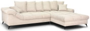Beiges Cord-Ecksofa mit Recamiere rechts, gepolsterter Sitzfläche und mehreren Rückenkissen, schwarze Metallfüße, Ansicht schräg von vorne