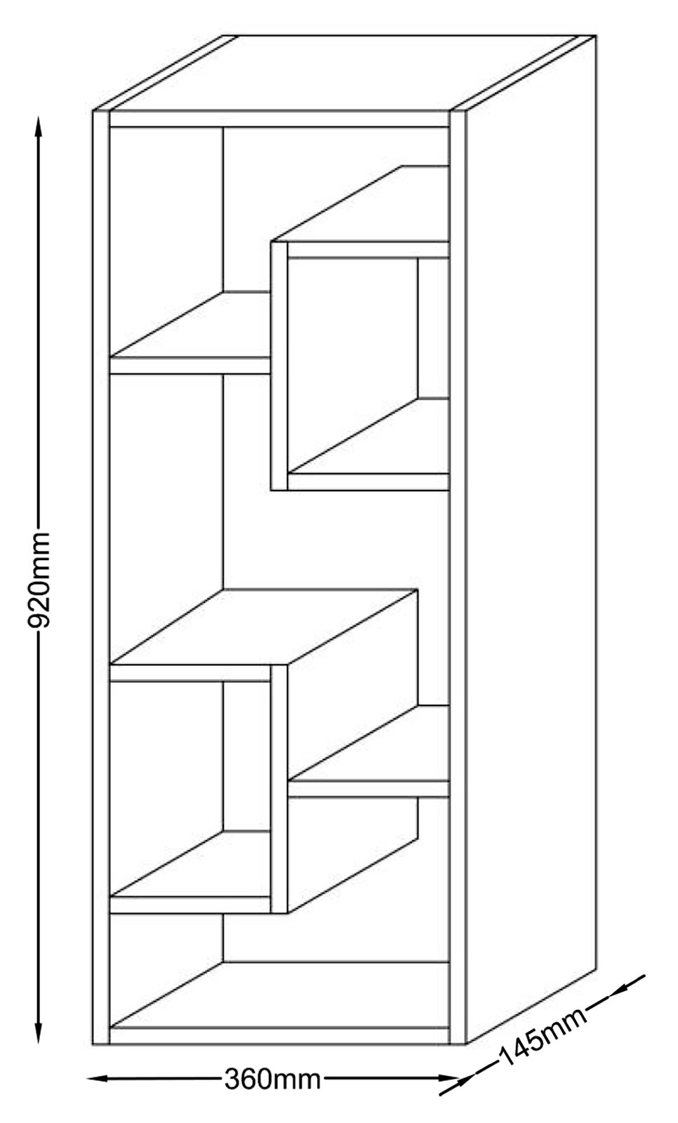 Technische Strichzeichnung eines rechteckigen Wandregals mit versetzten offenen Fächern, Maße 920 mm Höhe, 360 mm Breite und 145 mm Tiefe, dargestellt in schräger 3D-Frontansicht (Perspektive).