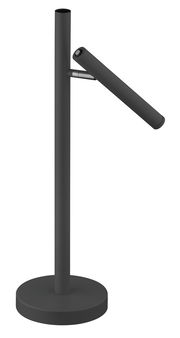 Schwarze Akku-Tischleuchte STREAK in seitlicher Perspektive mit zylindrischem Leuchtenarm und rundem Sockel.