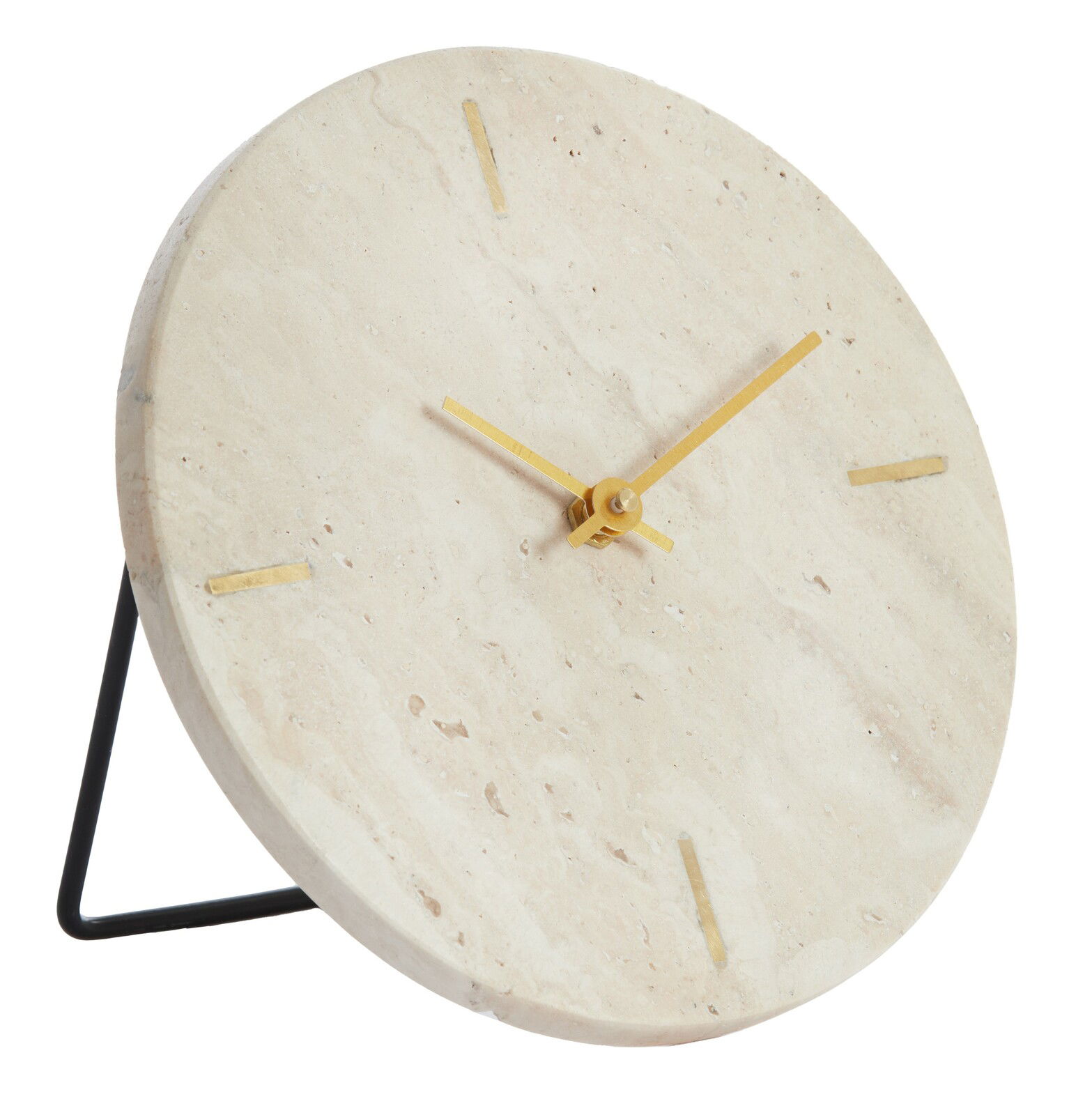 Moderne Tischuhr aus hellem Stein mit goldenen Zeigern und minimalistischen Markierungen, seitliche Perspektive
