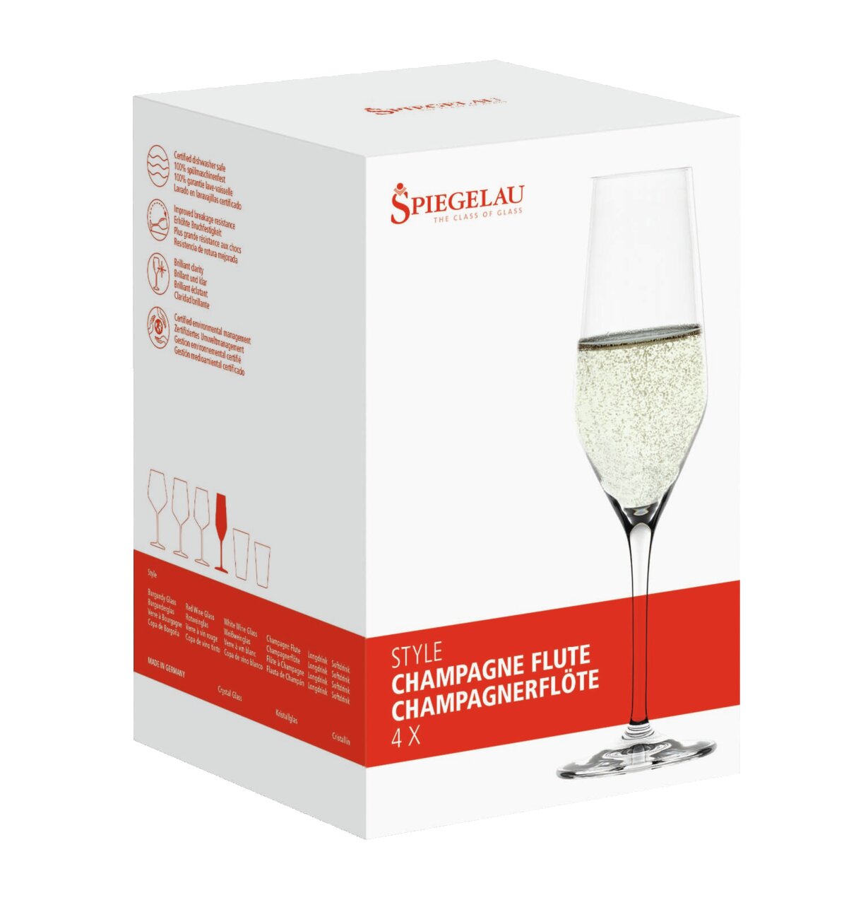 Verpackung des 4er-Sets Champagnerkelche Style von Spiegelau, Vorderansicht