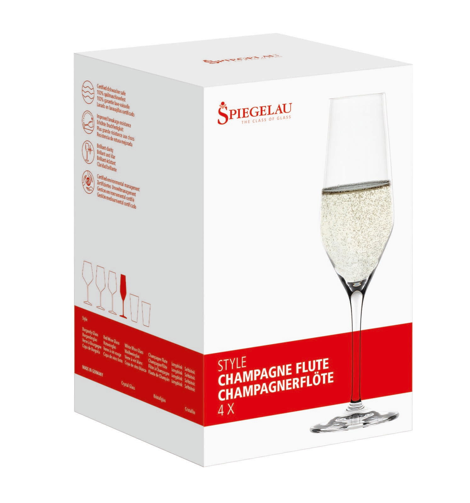 Verpackung des 4er-Sets Champagnerkelche Style von Spiegelau, Vorderansicht