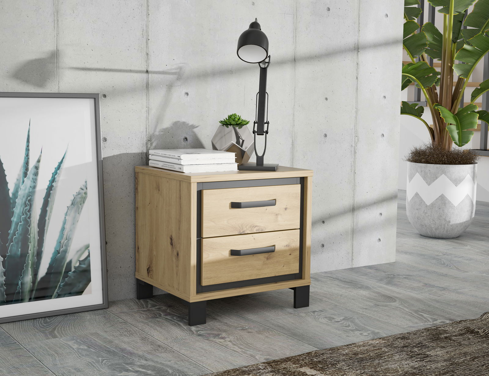 Nachtkonsole aus Holz mit zwei Schubladen, moderne schwarze Griffe, seitliche Perspektive, dekoriert mit Lampe und Büchern, neben einer Pflanze und einem Bild.