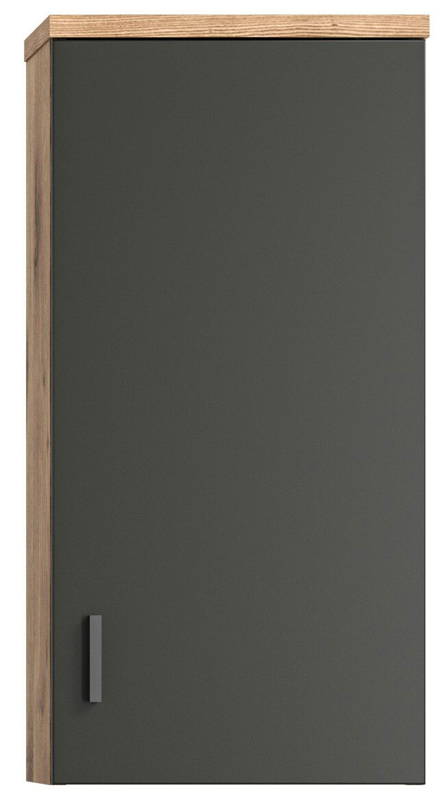 Moderner Hängeschrank in dunklem Grau mit Holzrahmen, Frontalansicht