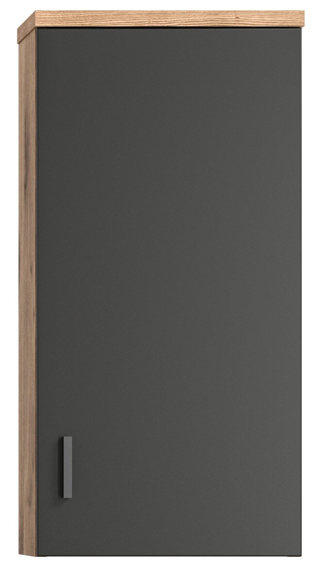 Moderner Hängeschrank in dunklem Grau mit Holzrahmen, Frontalansicht