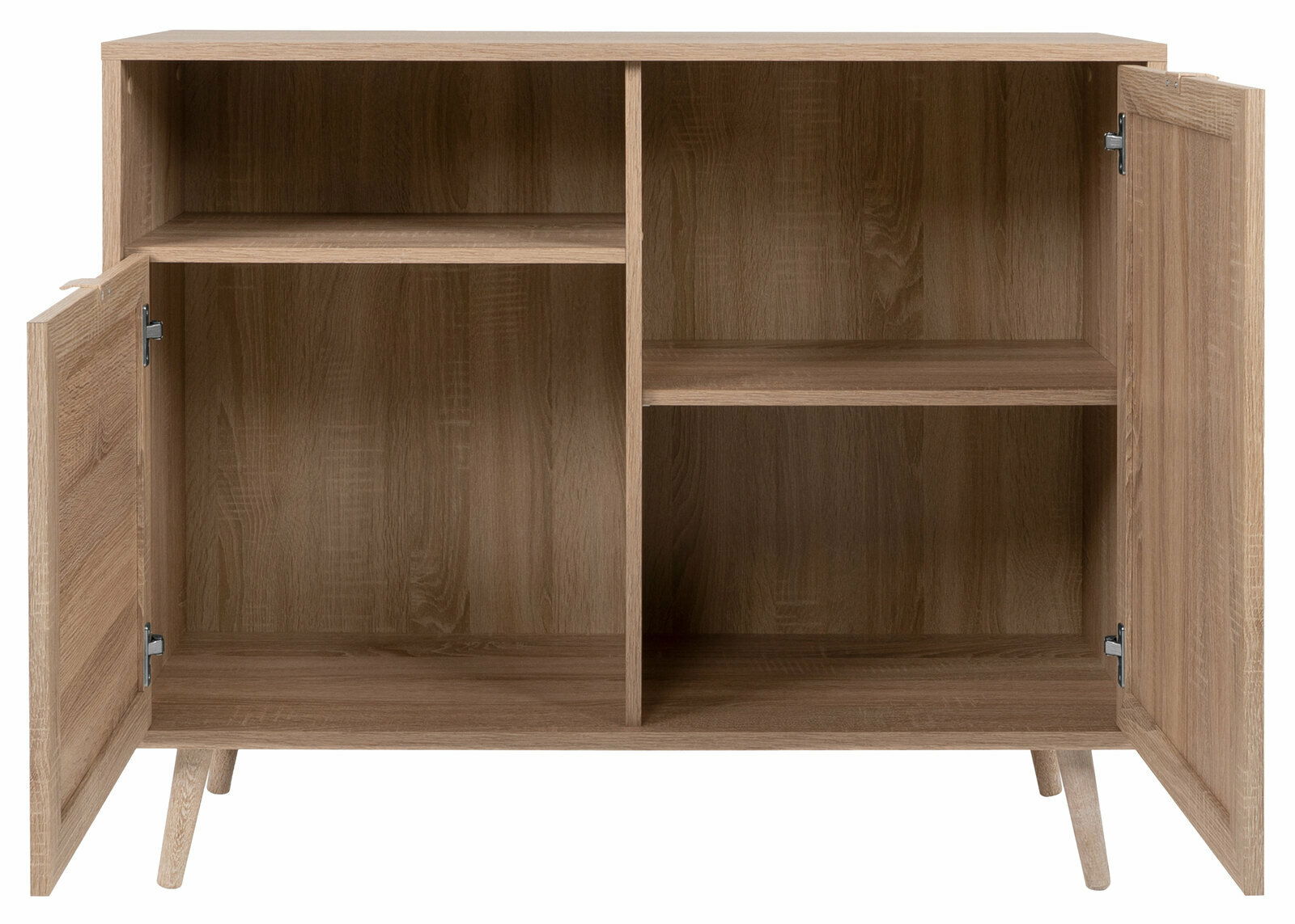 Holzkommode mit zwei offenen Türen, zeigt Innenfächer und Regale, frontale Perspektive