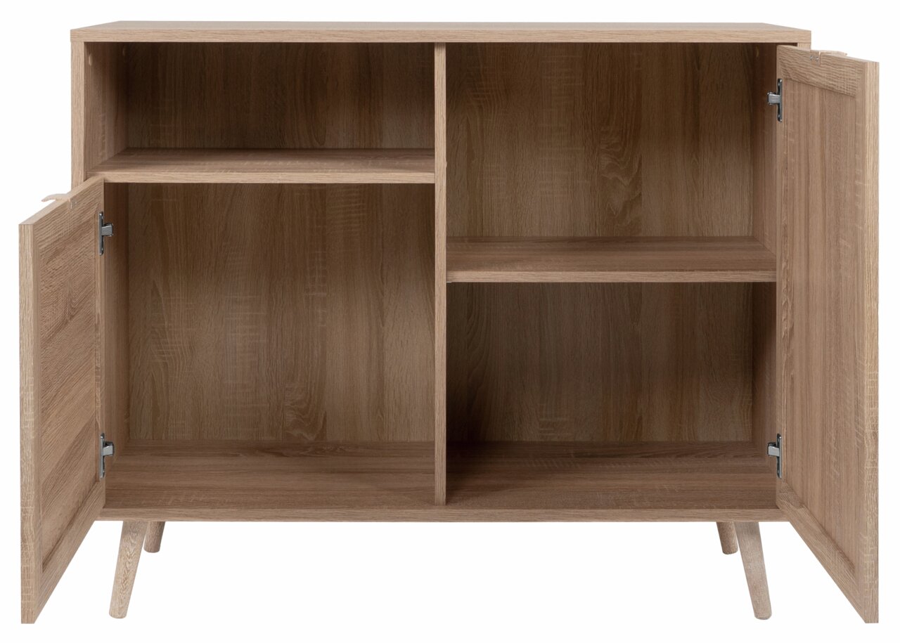 Holzkommode mit zwei offenen Türen, zeigt Innenfächer und Regale, frontale Perspektive