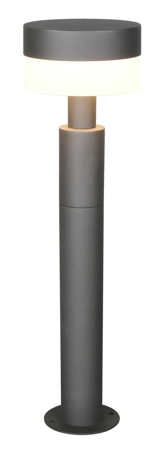 LED-Pollerleuchte in zylindrischer Form, seitliche Ansicht, mit einem leuchtenden Ring unterhalb des oberen Teils.