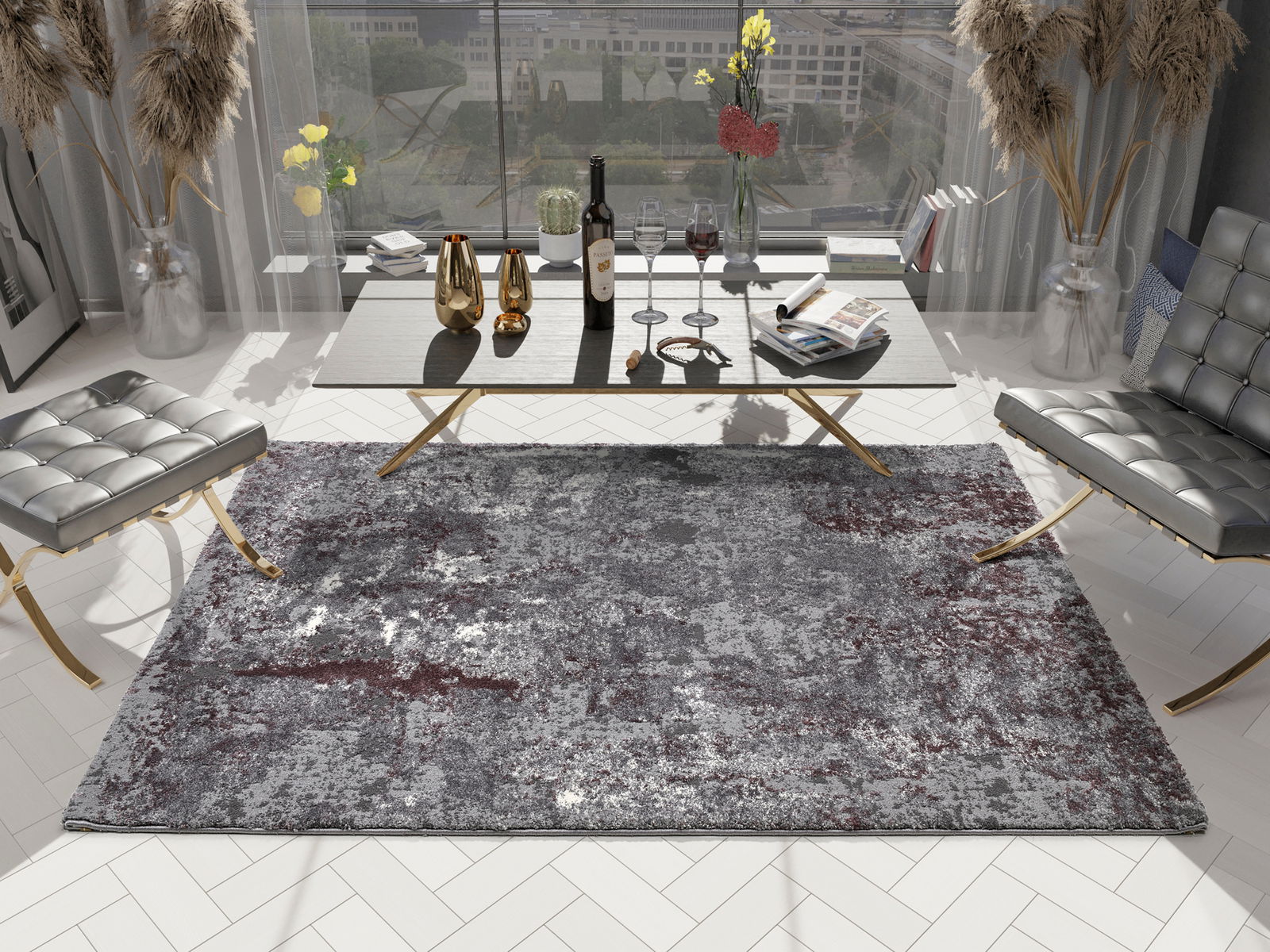 Moderner Wohnzimmerteppich Juwel Liray in Grau und Rot, ca. 80x150cm, in eleganter Raumgestaltung mit Blick auf Fensterfront.