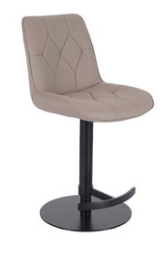 Moderner Barhocker mit gepolsterter Sitzfläche in Beige und schwarzem Metallfuß, seitliche Perspektive