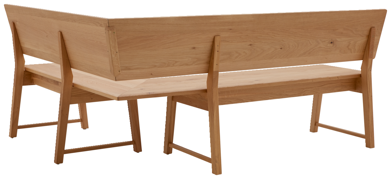 Rückansicht einer Eckbank aus Holz mit klaren Linien und natürlicher Holzmaserung, Perspektive von hinten.
