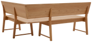 Rückansicht einer Eckbank aus Holz mit klaren Linien und natürlicher Holzmaserung, Perspektive von hinten.