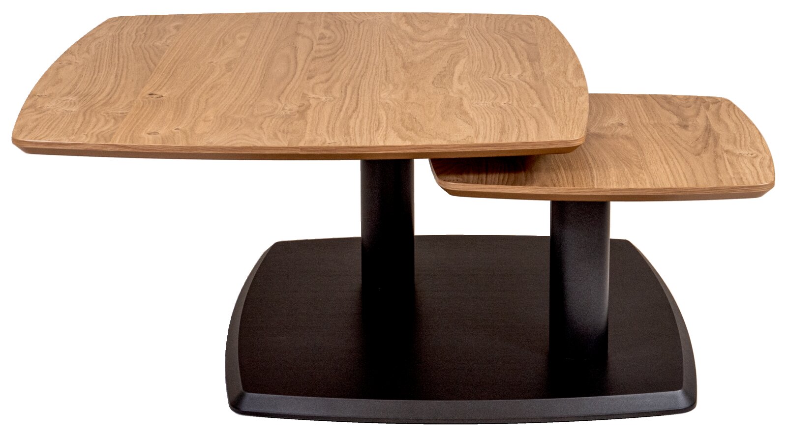 Moderne salontafel met twee verspringende, vierkante houten bladen en een zwart metalen onderstel, zijaanzicht