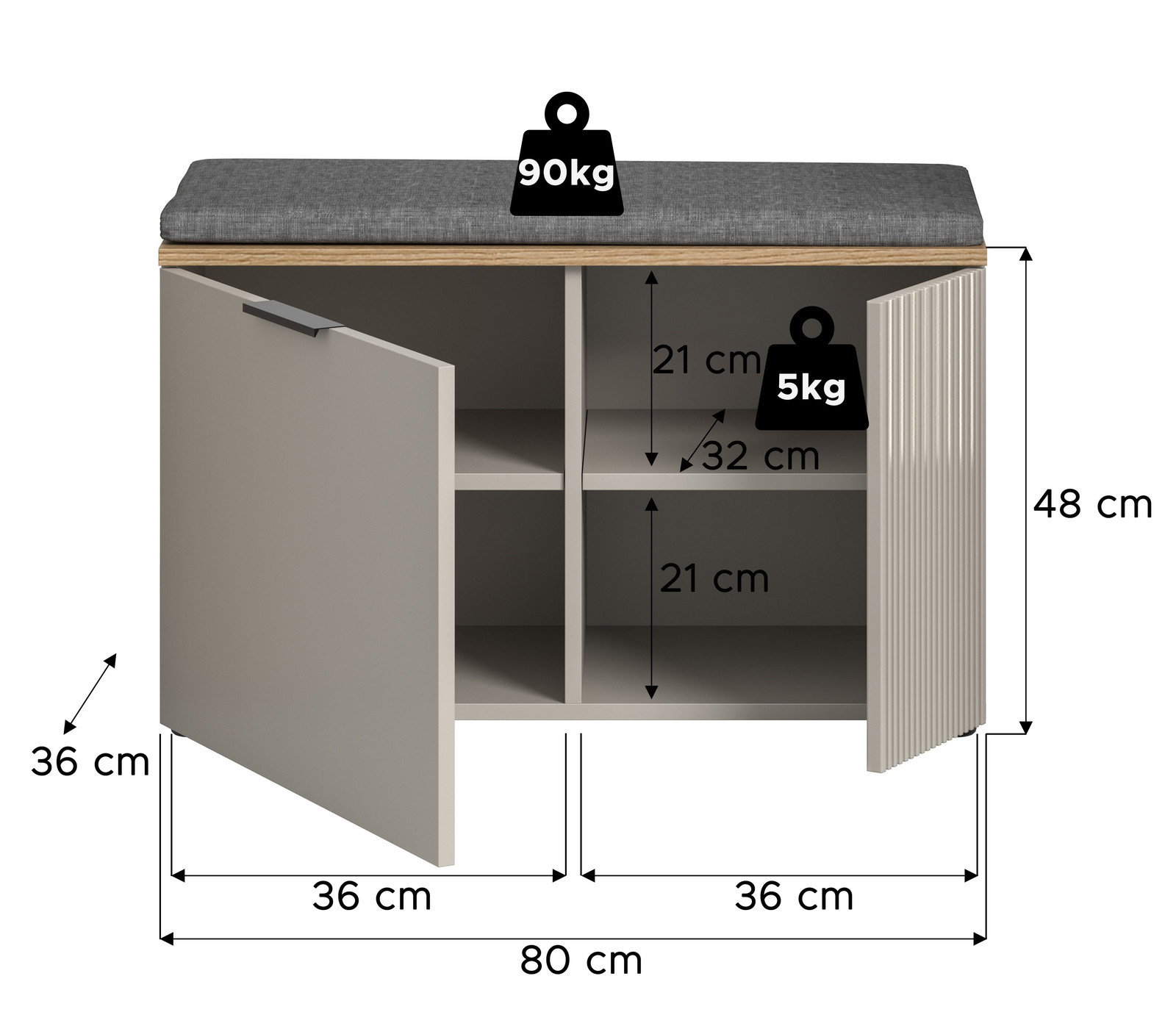 Sitzbank mit grauem Sitzkissen, zwei Türen und vier Fächern, Gesamtmaße 80 cm Breite, 48 cm Höhe, 36 cm Tiefe, Belastbarkeit 90 kg oben und 5 kg pro Fach, Frontansicht.