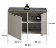 Sitzbank mit grauem Sitzkissen, zwei Türen und vier Fächern, Gesamtmaße 80 cm Breite, 48 cm Höhe, 36 cm Tiefe, Belastbarkeit 90 kg oben und 5 kg pro Fach, Frontansicht.