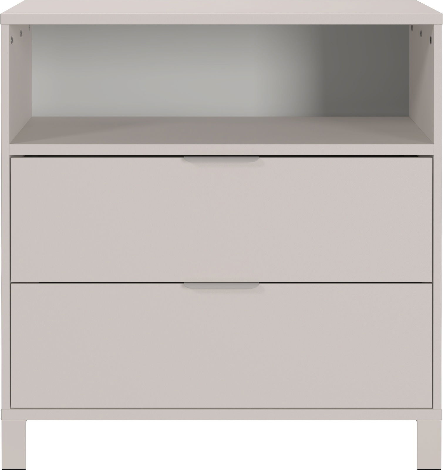 Frontansicht einer schmalen Kommode mit zwei Schubladen und einem offenen Fach in modernem Design.