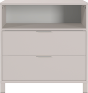 Frontansicht einer schmalen Kommode mit zwei Schubladen und einem offenen Fach in modernem Design.