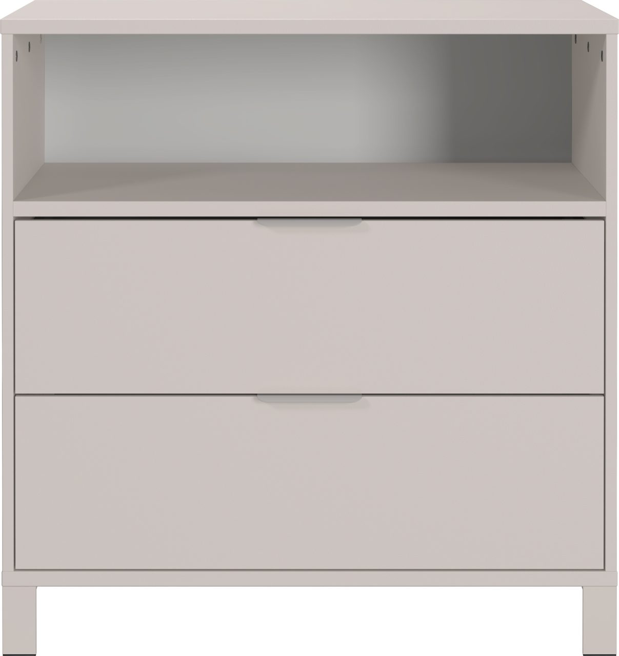 Frontansicht einer schmalen Kommode mit zwei Schubladen und einem offenen Fach in modernem Design.